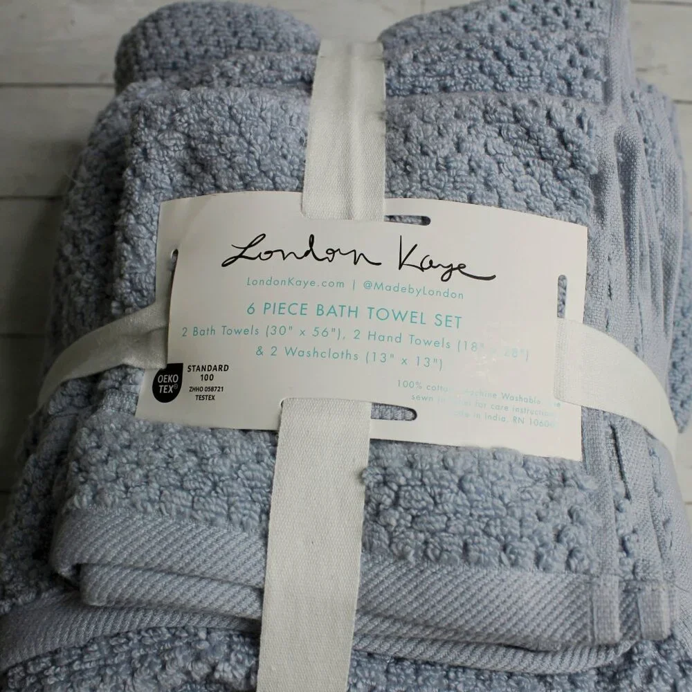 London Kaye Bath Towel Set 100% Cotton Blue Hand Towels Washcloth 6 Piece